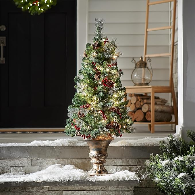 National Tree Company 4 ft Pre-Lit Crestwood Spruce Mini Artificial Christmas Entrance Tree, 100 Clear Lights, 230 Tips, Glitter, Pinecones, Red Berries, Gold Rubbed Pedestal Base, Green