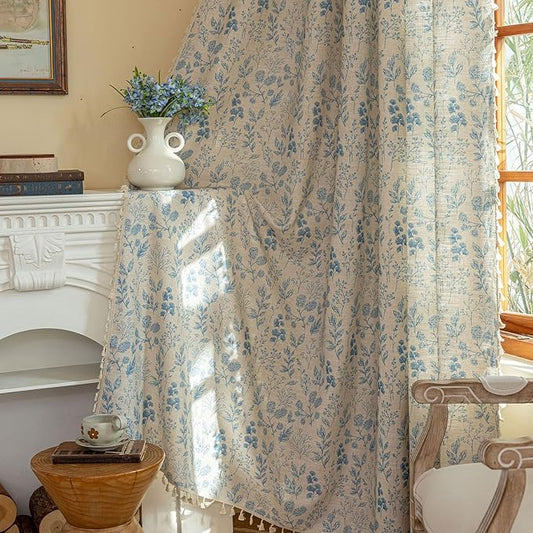 OYX French Beige and Blue Floral Curtains 96 Inch Long 2 Panels for Living Room, Navy Flower Patterned Light Filtering Farmhouse Drapes for Bedroom, Vintage Rustic Country Rod Pocket WindowTreatments