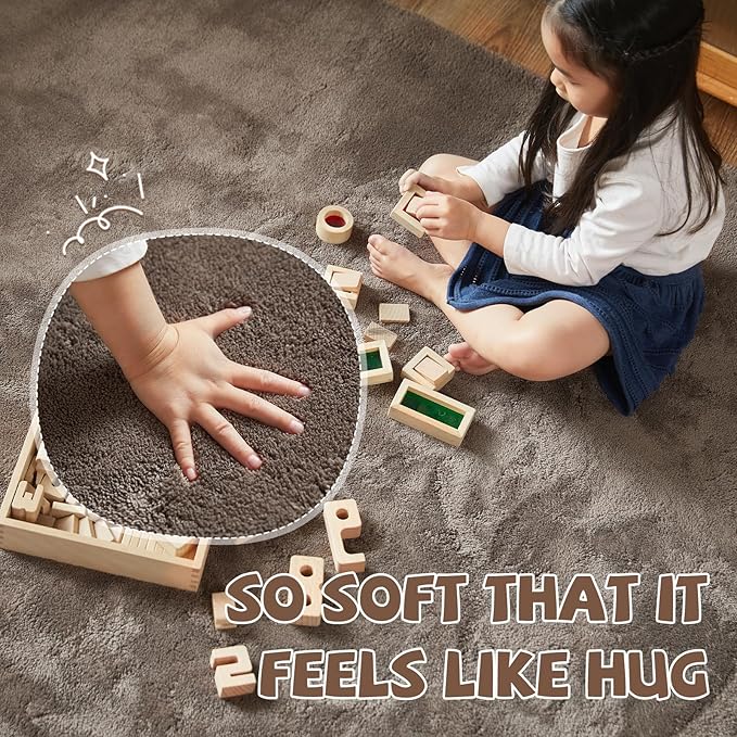 jinchan Solid Plush Area Rug 3x5 Performance Shaggy Washable Rug Indoor Soft Modern Faux Wool Cozy Non Slip Carpet for Living Room Kids Room Bedroom Dining Room Nursery Brown