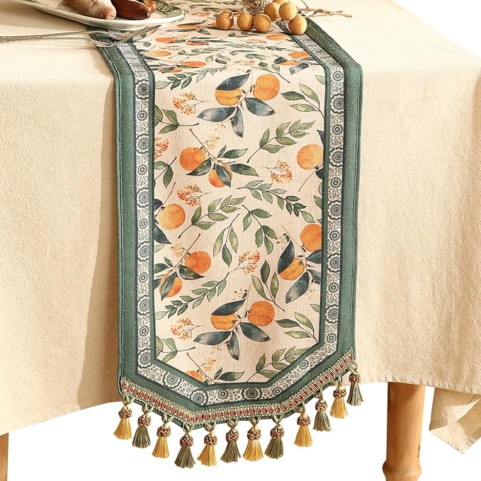 patdrea Designer Vintage Fresh Farmhouse Linen Table Runner 87 Inch Long, Green and Orange Pattern Table Mat, Decor for Kitchen Dining Table Coffee Table Shelf Cabinet Banquet Christmas ,12"*87"