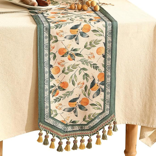 patdrea Designer Vintage Fresh Farmhouse Linen Table Runner 71 Inch Long, Green and Orange Pattern Table Mat, Decor for Kitchen Dining Table Coffee Table Shelf Cabinet Banquet Christmas ,12"*71"