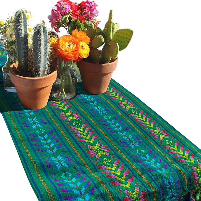 Del Mex Woven Rebozo Style Mexican Table Runner Scarf (Green)