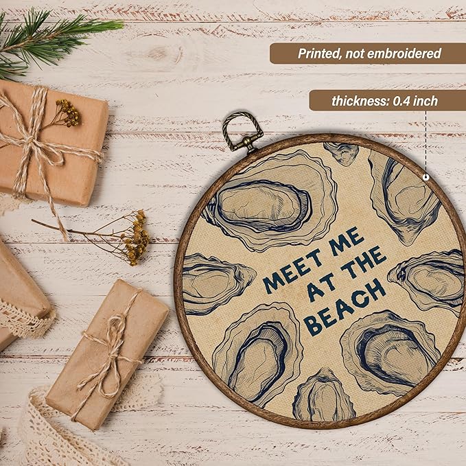 XBBMGG Coastal Oyster Wall Art Decor, Vintage Ocean Oyster Shell Meet Me At The Beach Round Wall Hanging Decor, Nautical Seashell Framed Canvas Prints for Living Room Bathroom Decorations, 10x10inch