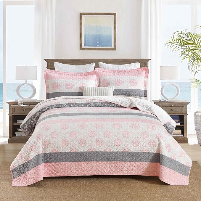 Homzard Floral Comforter King Size,Cotton King Size Quilt Sets,Pink White Grey Comforter Set,Farmhouse Striped Bedding Set,Lightweight Reversible 3 Piece Bedspread,All Season