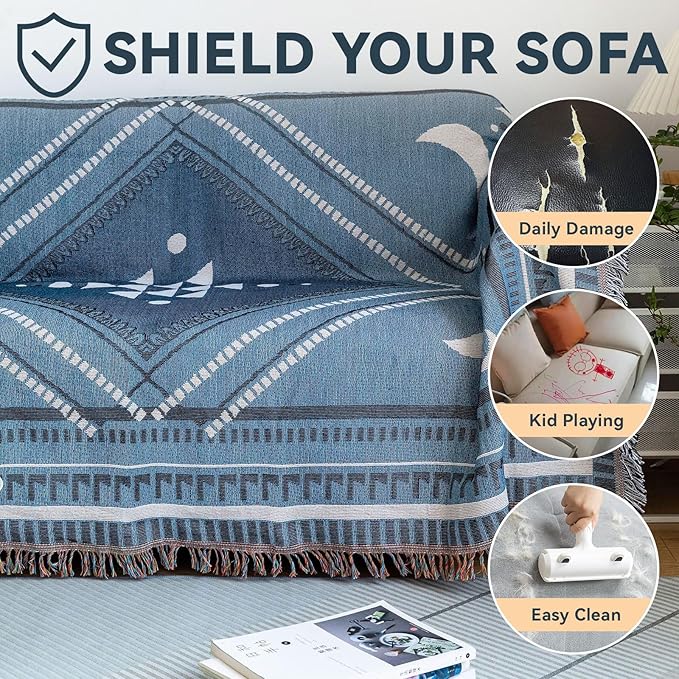 VClife Boho Couch Cover White Blue Plaid Stripe Couch Cover Washable L Shape Sofa Cover Thick Breathable Non Slip Sectional Couch Covers Dog Reversible XXL Sofa Slipcover Furniture Protector Cover
