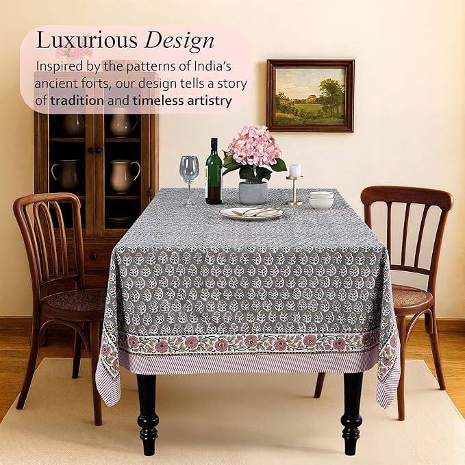CPC Tablecloth 100% Cotton 72x160 Inch Indian Block Print Rectangle Table Cover, Gray Pink Table Cloth for Weddings, Spring/Summer, Barbeque - Labra Gray