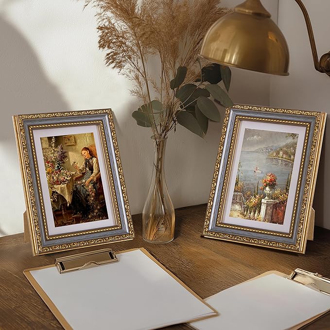 eletecpro 5x7 Picture Frames Set of 2, Vintage 5 x 7 Photo Frames with Real Glass, Displays 4x6 Photo with Mat or 5x7 without Mat for Tabletop or Wall Decor, Blue Gold