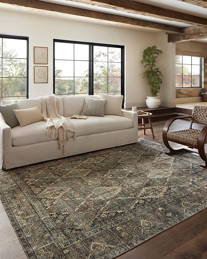 Loloi Magnolia Home by Joanna Gaines Banks Collection BAN-05 Spice/Blue 5'-0" x 7'-6", .13" Pile Height, Machine Washable, Area Rug
