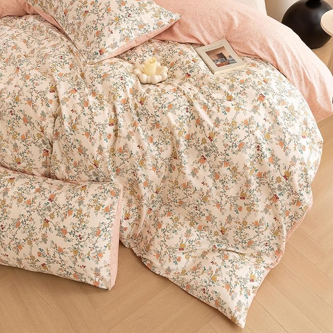 ECOCOTT Reversible Floral Duvet Cover King Size – 3 Piece 100% Washed Cotton Bedding Set, Soft Breathable Comforter Cover with Zipper Closure & Corner Ties