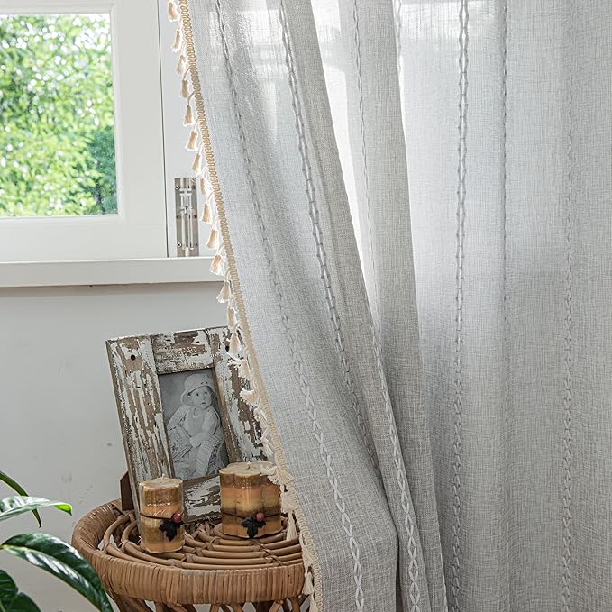 Sutuo Home Boho Curtain for Bedroom Living Room Kitchen, Semi Blackout Linen Farmhouse Shabby Chic Tassels Window Treatment Bohemian Embroidery Drape, Rod Pocket 1 Panel 52" W x 96" L, Light Grey