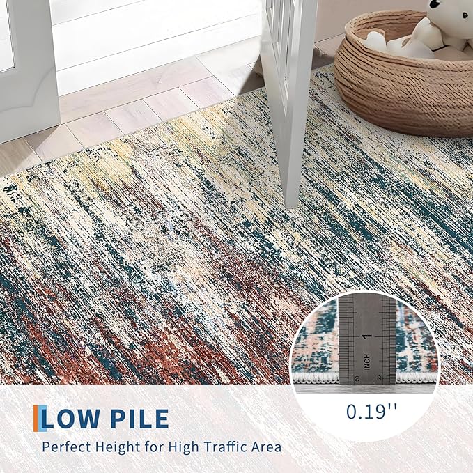 Washable Runner Rug 2x6 Modern Abstract Kitchen Rugs, Non Slip Bathroom Rug, Low Pile Laundry Room Soft Long Carpet for Hallway Bedroom Entryway, Red Multi