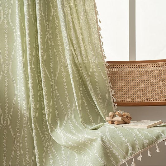 Sutuo Home Green Boho Curtains 84 Inches Long for Bedroom Living Room Dining Room, Bohemian Stripe Floral Vintage Tassels Window Treatment Drape for Easter Decor Rod Pocket, 1 Panel 59" W x 84" L