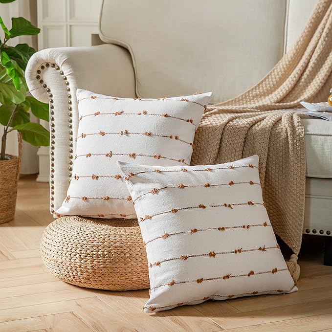 Caflife Boho Throw Pillow Covers 18x18 inches Beige and Brown, Set of 2 Modern Farmhouse Decorative Pillow Covers for Couch Bed, Living Room