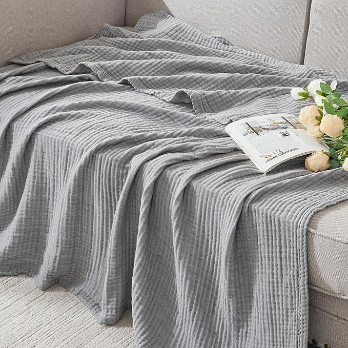 EMME Cotton Muslin King Blanket Bed Layering Bedspread Coverlet Breathable Gauze Soft Lightweight Blankets (Heather Grey, 108"x90")