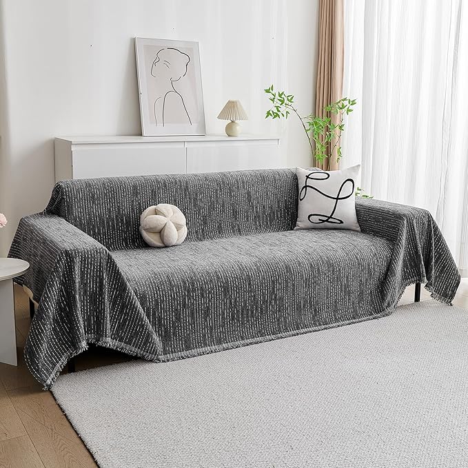 MYSKY HOME Sectional Couch Cover, Dark Grey Lines Sofa Covers for Sectional Sofa L Shape Chenille Couch Protector for Dogs Pets Couch Throw Cover Washable Durable for Home Decor, 71" X118"