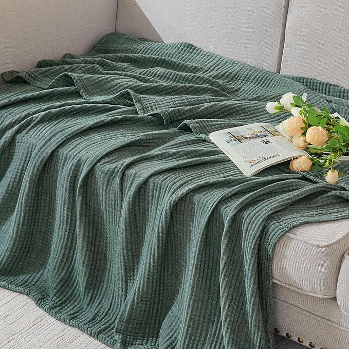 EMME Cotton Muslin Queen Blanket Bed Layering Bedspread Coverlet Breathable Gauze Soft Lightweight Blankets (Heather Forest Green, 90"x90")