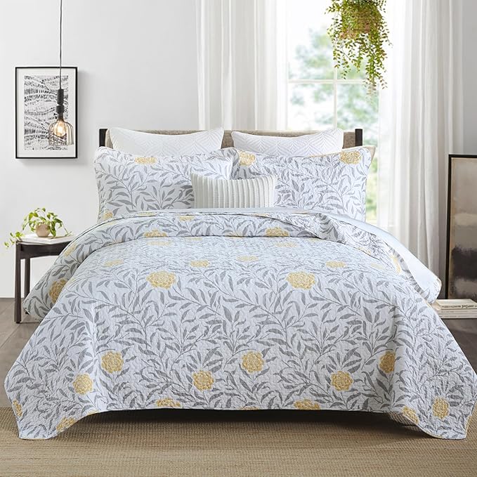 Homzard Quilt King Size Comforter Set - 100% Cotton Quilt Set King Size, Yellow Gray White Garden Bedding, Floral Leaves Bedspread(106 * 98 Inches) with 2 Pillow Shams,Reversible