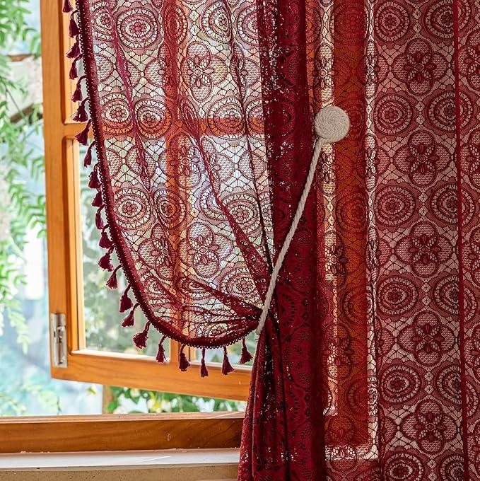 YJ YANJUN Burgundy Red Sheer Curtains 54 inch Length 2 Panels Crochet Christmas Kitchen Window Curtains Boho Short Lace Curtain Panels, Tassel, Light Filtering, Winter Holiday Decor 59 W x 54 L Wine