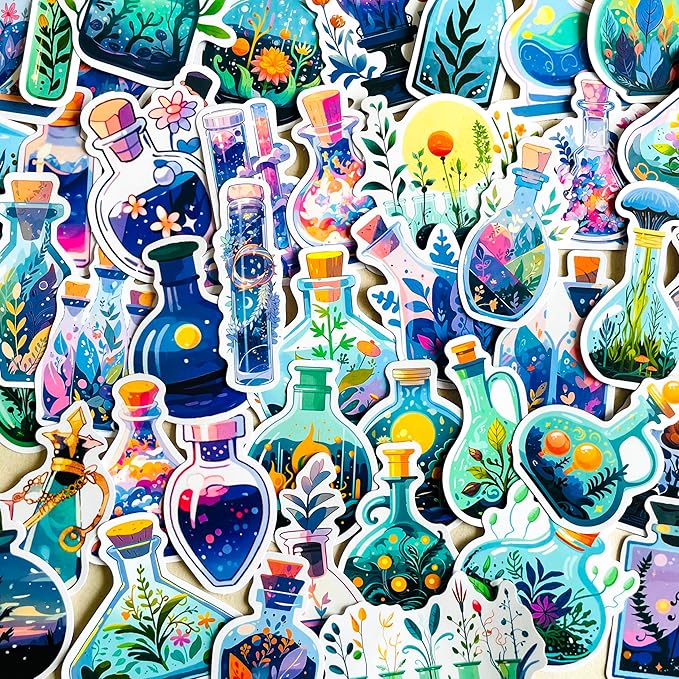 50Pcs Fantasy Nature Botanical Magic Potion Bottle Stickers – Cute Plant Floral Apothecary Stickers for Journals, Laptops, Water Bottles,Scrapbooking