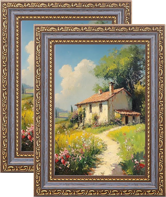 eletecpro 5x7 Picture Frames Set of 2, Vintage 5 x 7 Photo Frames with Real Glass, Displays 4x6 Photo with Mat or 5x7 without Mat for Tabletop or Wall Decor, Blue Gold