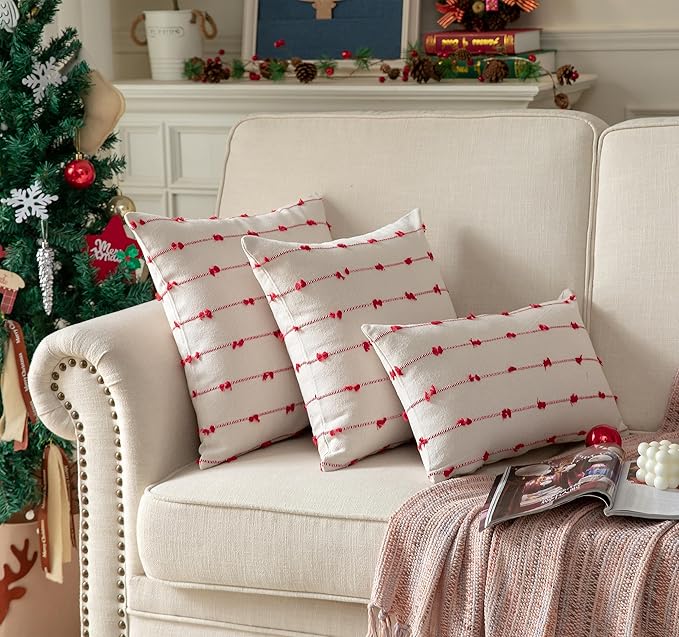 Caflife Boho Christmas Throw Pillow Covers 12x20 inches Beige and Red, Set of 2 Modern Farmhouse Holiday Decorative Pillow Covers for Couch Sofa Bed, Living Room