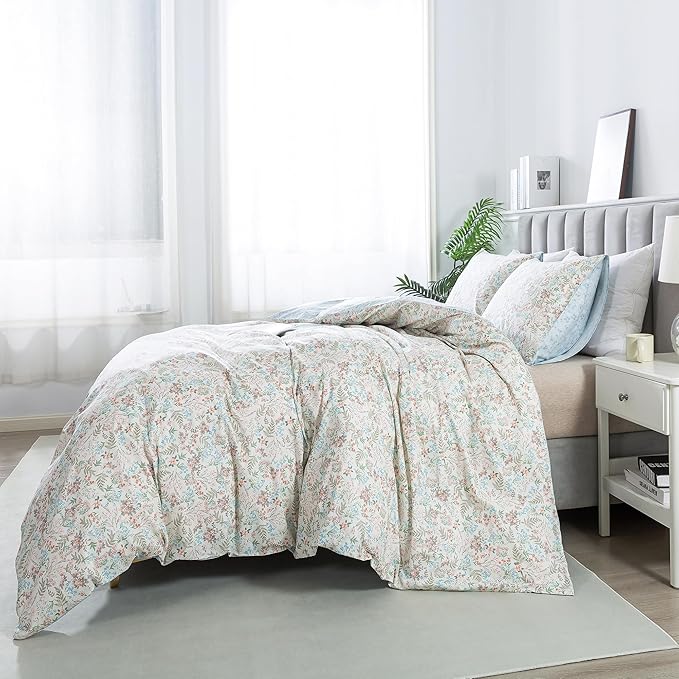 HoneiLife Wildflower Duvet Cover King - 100% Cotton Comforter Cover Sets, 3-PC Floral Botanical Bedlinen Set, Botanical Duvet Cover with Zipper Closure & Corner Ties