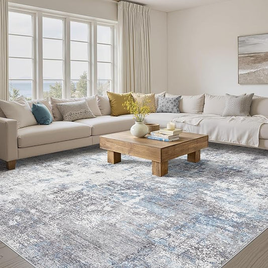 Washable 8X10 Area Rug: Modern Abstract Soft Non-Slip Indoor Rugs Home Decor - Low Pile Stain Resistant Foldable Carpet for Living Room Bedroom Dining Room Playroom Office(Blue Grey,8'x10')