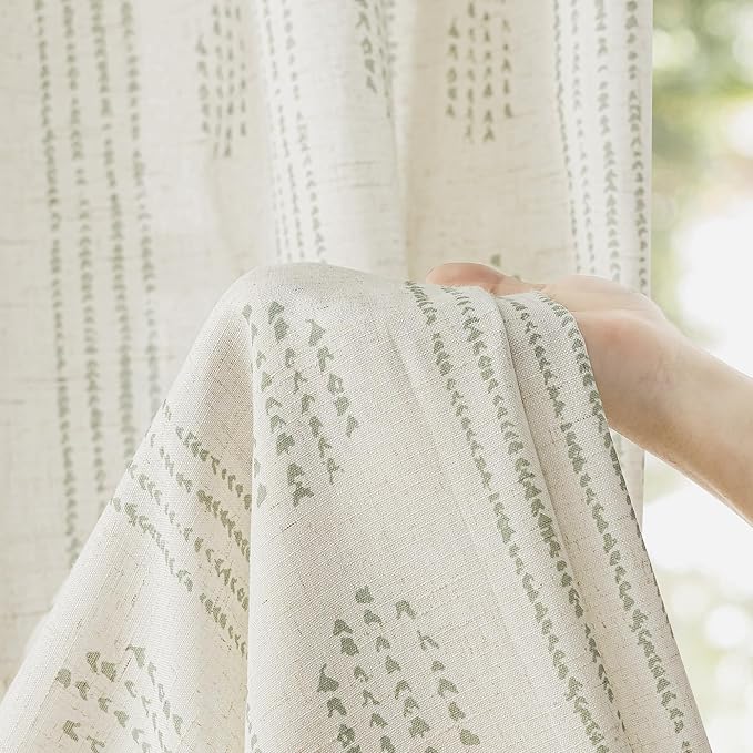 Boho Linen Curtains for Bedroom Living Room Sage Green Farmhouse Boho Curtains 72 Inches Long Geometric Striped Patterned Mudcloth Grommet Top Rustic Window Drapes 2 Panels Green on Beige