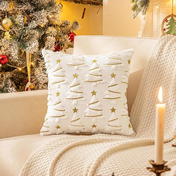 AQOTHES Christmas Tree Decorative White Throw Pillow Covers 20x20 Set of 2, Faux Fur Farmhouse Throw Pillows Cushion Cases for Xmas Winter Holiday Home Decor