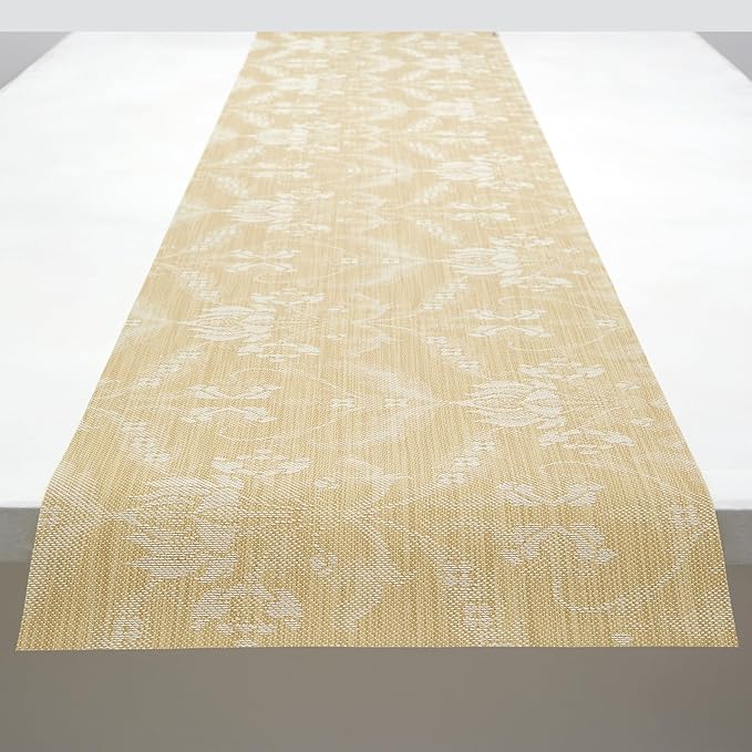 Martha by Martha Stewart | Chilewich Damask Table Runner in Wheat - Easy Care Woven Textile - Indoor/Outdoor - Stain/Fade Resistant - 14" x 72"