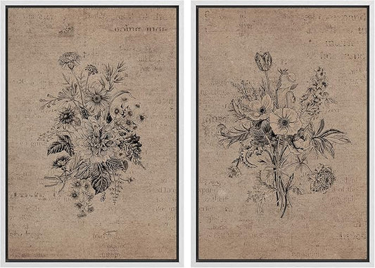 SIGNWIN Framed Canvas Print Wall Art Set Antique Floral Bouquets Vintage Engraved Flowers Modern Minimalism Decorative Nordic for Living Room, Bedroom, Office - 16"x24"x2 White