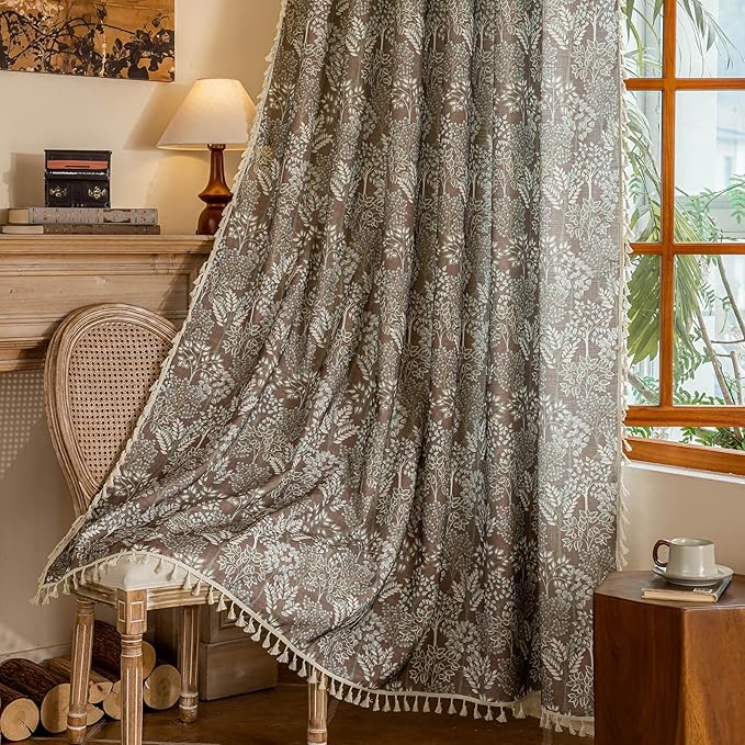 OYX Floral Curtains 63 Inch Length 2Panels for Living Room, Bedroom Light Filtering Drapes, Farmhouse Vintage Country French Tassels for Boho Pattern Rod Pocket Aesthetic Home Decor Window Treatments