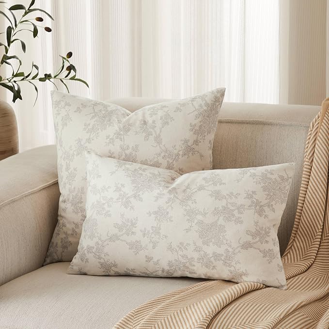 100% Cotton French Pastoral Lumbar Throw Pillow Covers Set of 2, 12x20 Inch Grey Farmhouse Decorative Cushion Covers for Sofa Bed Living Room Home Decor