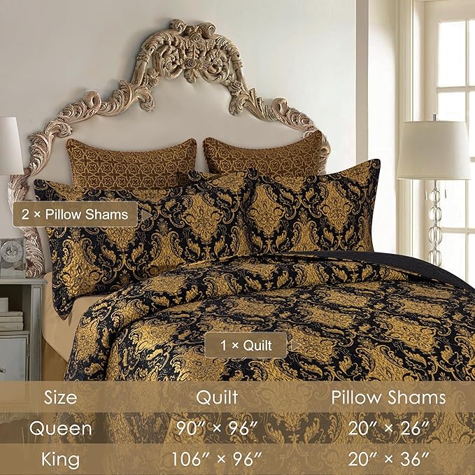 Loom and Mill Luxury Quilt Set 3 Piece, Classic Damask Quilted Bedspread King Size with 2 Shams, Soft Lightweight Jacquard Bedding Coverlet Set for Halloween Christmas All Season (Black, King)