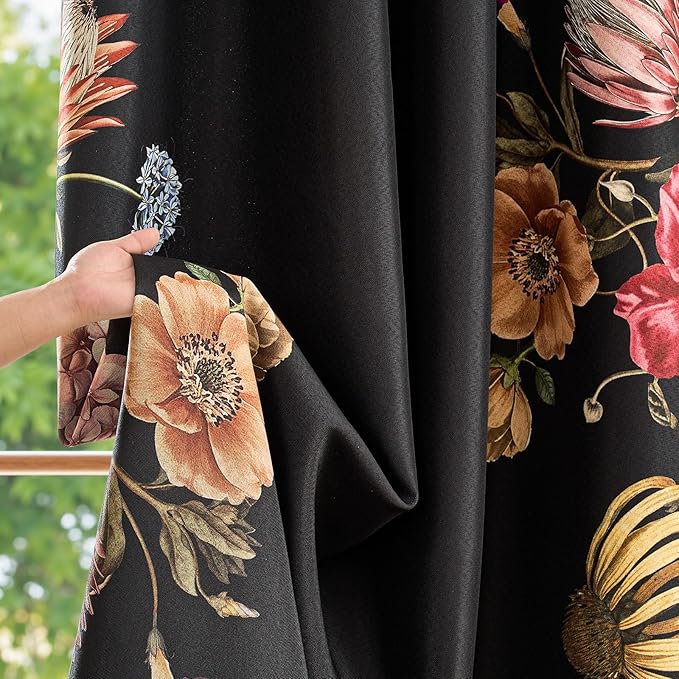 JINCHAN Hannah Floral Blackout Curtains with Retro Vintage Flower Print Drapes for Bedroom Living Room Fall Decor Winter Window Curtains Room Darkening 96 Inches Length 2 Panels Set with Grommet Black