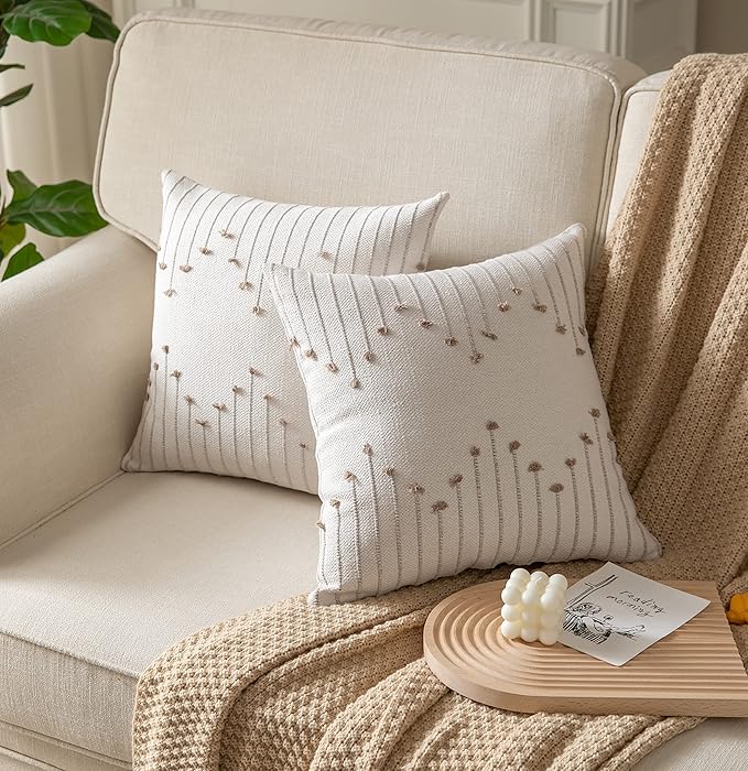 Caflife Boho Throw Pillow Covers 20x20 Set of 2 Decorative Pillows for Bed, Neutral Pillow Covers Beige with Tan Line Throw Pillows for Modern Farmhouse Couch Sofa Living Room Outdoor