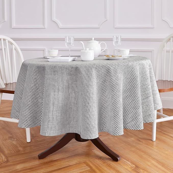 Solino Home Linen 60 Inch Round Tablecloth - Narrow Stripe, 100% Pure Linen Black and White Round Tablecloth - Machine Washable Table Cloth for Fall, Autumn, Winter, Thanksgiving, Christmas