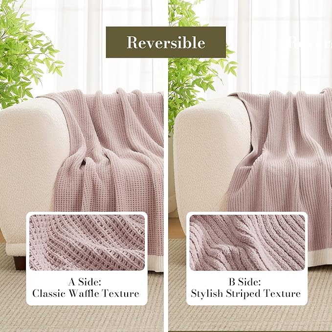 Amélie Home Waffle Throw Blanket for Couch, Soft Cozy Chenille Knit Blanket Warm Decorative Throw for Sofa, 50"x60", Pink