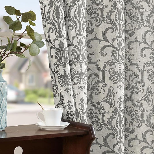 jinchan Linen Curtains - Grey Damask Patterned, 63 Inch Length, Light Filtering Vintage Curtains - Baroque Style Drapes with Grommet Window Treatments - 2 Panels Set