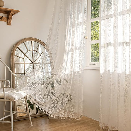 Sutuo Home Boho Curtains 2 Panels 96 Inches for Living Room, Window Treatments Bohemian Sheer Crochet Lace Vintage Drapes Pair, Country White Florals Knitted Handmade Tassels Rod Pocket, 52" x 96"