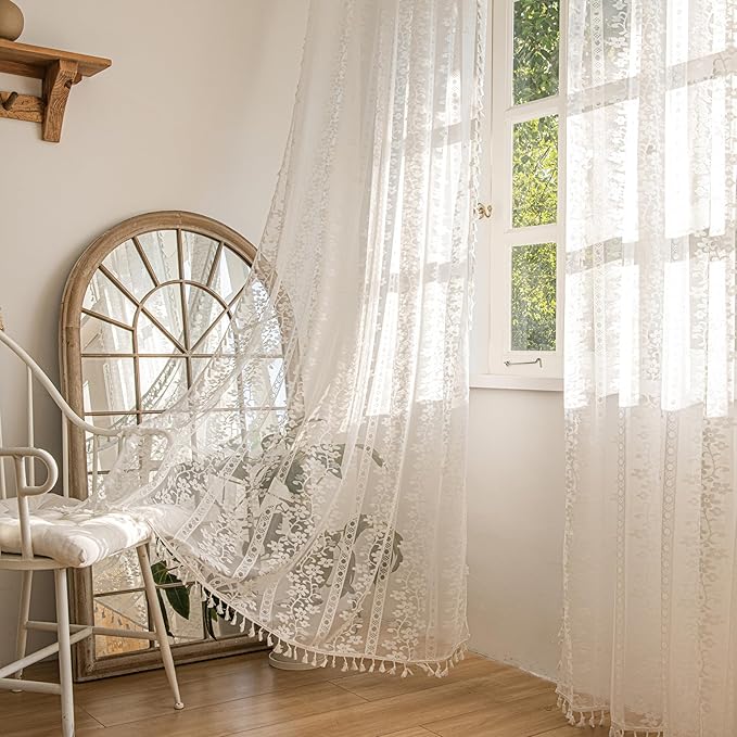 Sutuo Home Boho Curtains 2 Panels 84 Inches Length for Bedroom, Window Treatments Bohemian Sheer Crochet Lace Vintage Drapes Pair, Country White Florals Knitted Handmade Tassels Rod Pocket, 52" x 84"