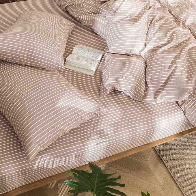 MooMee Striped Duvet Cover Set 100% Washed Cotton Linen Like Textured Breathable Durable Soft Comfy (Orange White Wide Stripes, Twin 68"x90")