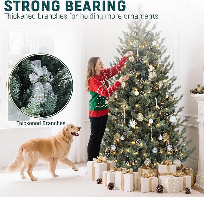YITAHOME 6FT Prelit Blue Christmas Tree with Remote, Pre-Decorated Artificial Hinged Hillside Spruce Holiday Xmas Tree with 35 Pine Cones, 300 Lights & 11 Light Modes