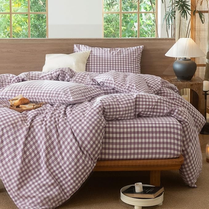 MooMee Gingham Duvet Cover Set 100% Washed Cotton Linen Like Textured Breathable Durable Soft Comfy Modern Checkered Design (Buffalo Plaid Tannish Linen Grey, Queen 90"x90")