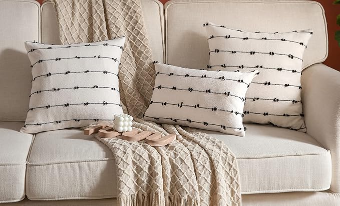 Caflife Boho Throw Pillow Covers 22x22 inches Beige and Black, Set of 2 Modern Farmhouse Decorative Pillow Covers for Couch Bed, Living Room