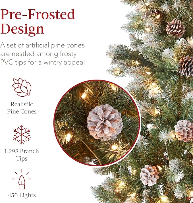 Best Choice Products 9ft Pre-lit Pencil Christmas Tree, Partially Flocked & Frosted Slim Holiday Tree Decoration, Skinny Xmas Tree, 450 Lights, 1,298 Frosted Tips, 82 Pine Cones, Foldable Stand