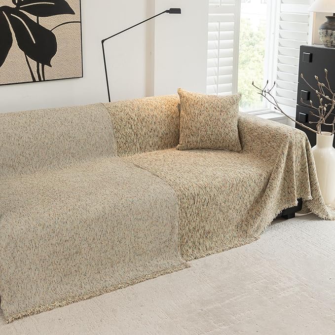 DREAMINGO Thickened Chenille Couch Cover 71x134 Inch Washable 3-Seater Sofa Covers Living Room Sectional Couch Slipcovers Modern Furniture Protector with Tassel, Beige