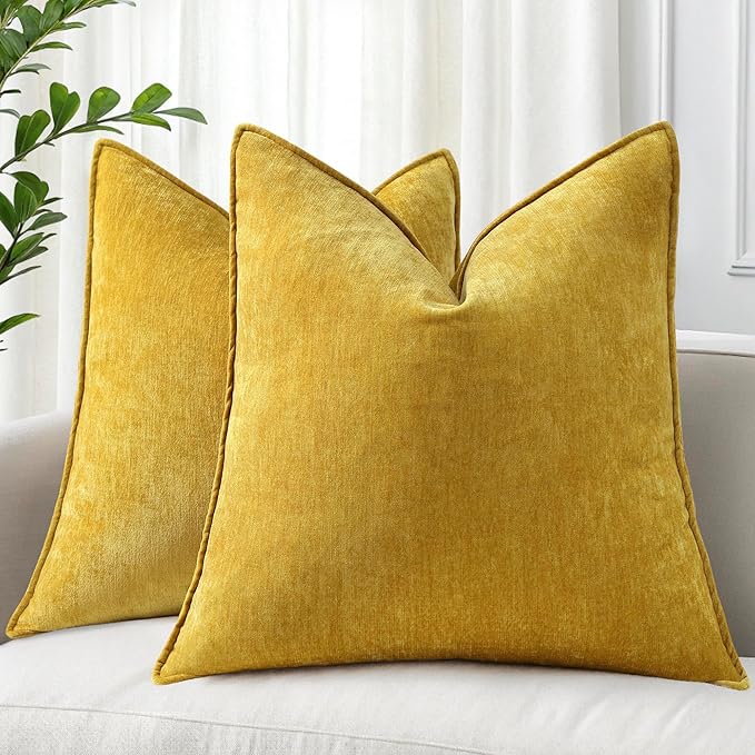 decorUhome Christmas Couch Throw Pillow Covers 18x18 Set of 2, Decorative Soft Euro Velvet Neutral Chenille Pillow Covers with Elegant Design for Sofa Bed Living Room Home Decor, Mineral Yellow
