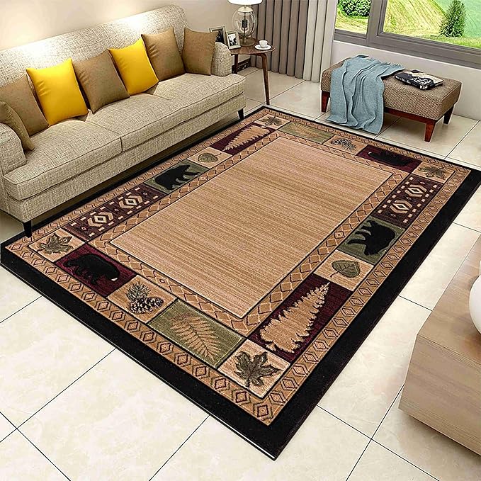 Rustic Cabin Area Rugs, 5x6ft, Wildlife Bear Pine Cone Leaves Accent Rug, Nordic Vintage Geometric Border Brown Rugs, Non Slip Durable Indoor Floor Mat for Living Room Bedroom