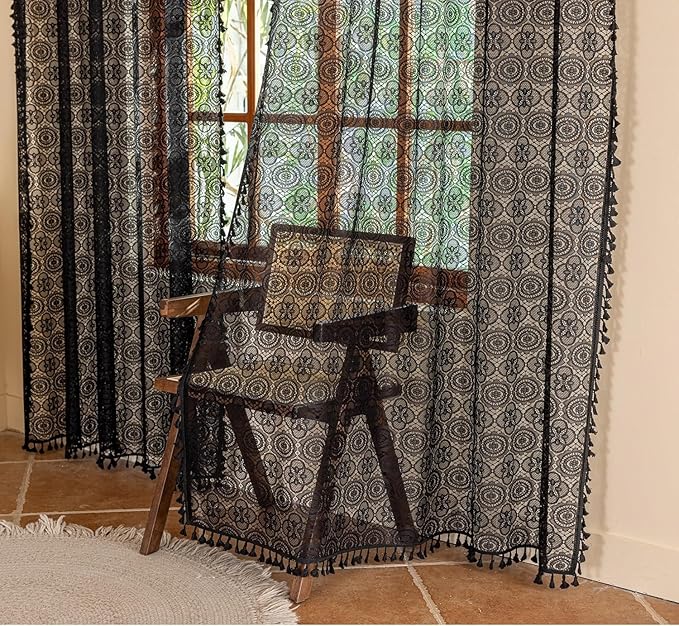 Black Lace Curtains Gothic 108 Inches Long Dark Bohemian Goth Curtains Vintage Halloween Sheer Curtain for Living Room Bedroom Privacy Witchy Gothic Victorian Décor 2 Panels W59 x L108 Black